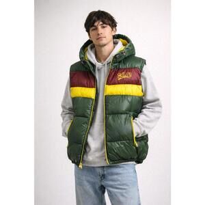 Rivet De Cru Puffer Vest Nylon Hooded Green Yellow 2XL Y2K Streetwear